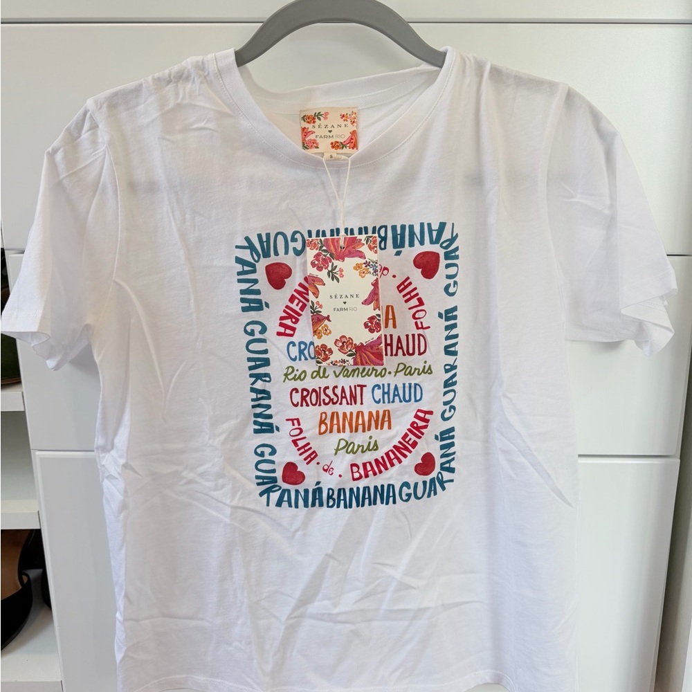 Sezane White Graphic Tee with Blue and Red Accents